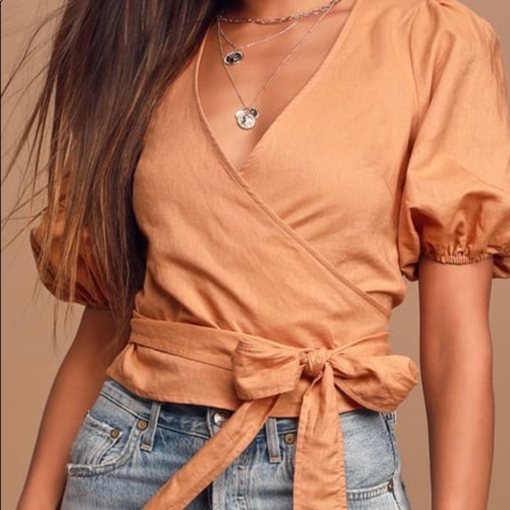 Lulus Peach Puff Sleeve Wrap Top